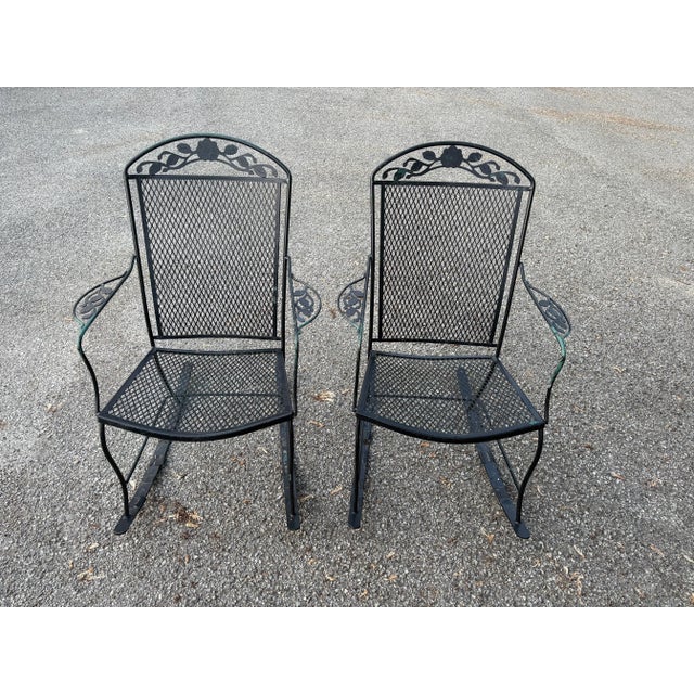 Mid 20th Century Vintage Wrought Iron Garden and Patio Furniture Four Piece Set Featuring Barrel Back Chairs and Bench With End Table For Sale - Image 5 of 10