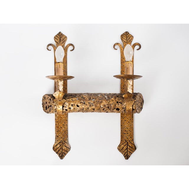 Magnificent 1960s Spanish Brutalist Gilt Iron Three-Light Wall Sconce. Masterfully handcrafted in Spain circa 1960....
