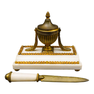 Antique French Empire Neoclassical Marble Bronze Inkwell & Letter Opener Set- 2 Pieces