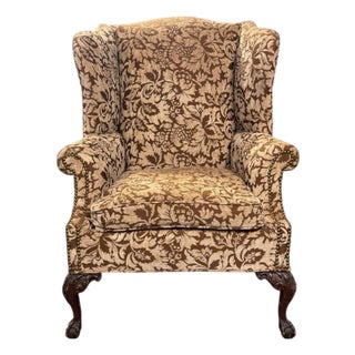 18th Century Georgian Style Upholstered Wing Chair With Carved Ball & Claw Legs Brass Nail Trim For Sale