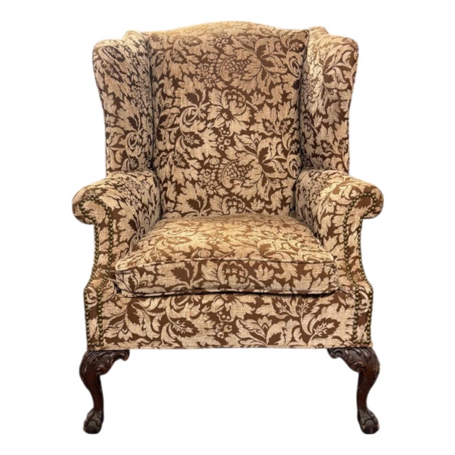 18th Century Georgian Style Upholstered Wing Chair With Carved Ball & Claw Legs Brass Nail Trim For Sale