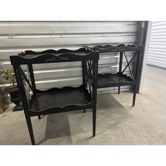 Hollywood Regency Amy Howard End Tables Black W/ Hand Painted Detail For Sale - Image 3 of 10