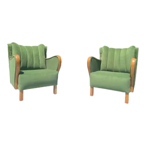 Pair Vintage 1940s Beech Wood Art Deco Green Mohair Wingback Armchairs Attributed to Mogens Lassen Danish Restored Tufted
