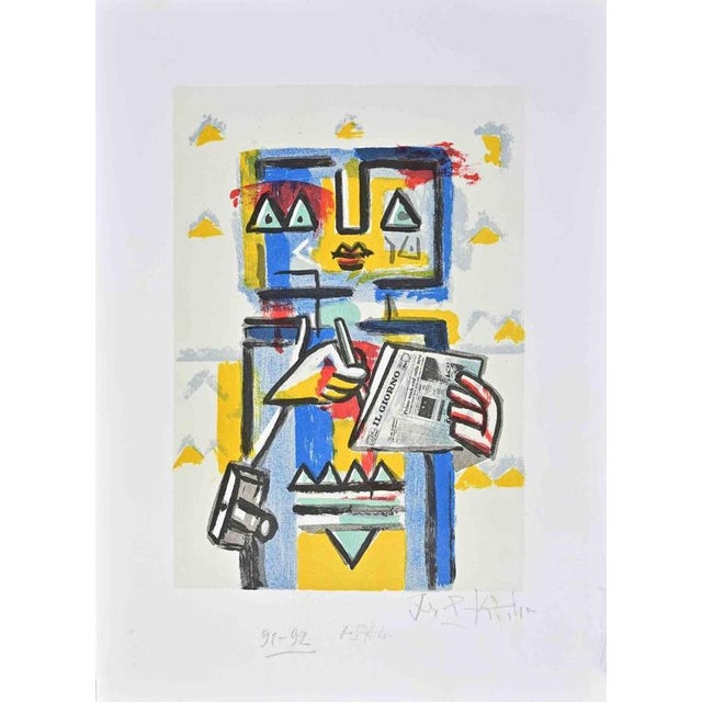 Contemporary Ibrahim Kodra, Robot Reading Newspaper, Lithograph, 1990s For Sale - Image 3 of 3