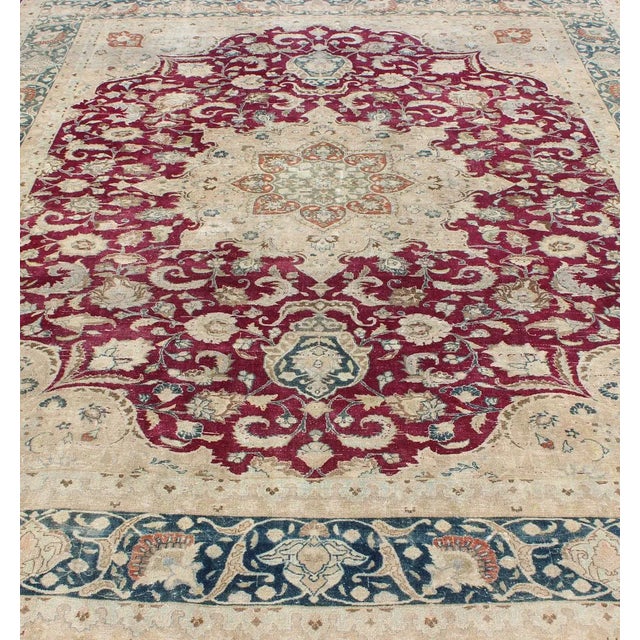Textile Layered Floral Medallion Antique Persian Mashad Rug in Red, Blue and Cream For Sale - Image 7 of 13