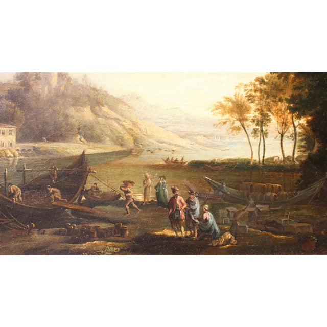 Beige Follower of Claude Lorrain, Merchants on the River Po, 1800s, Oil Painting on Canvas, Framed For Sale - Image 8 of 11
