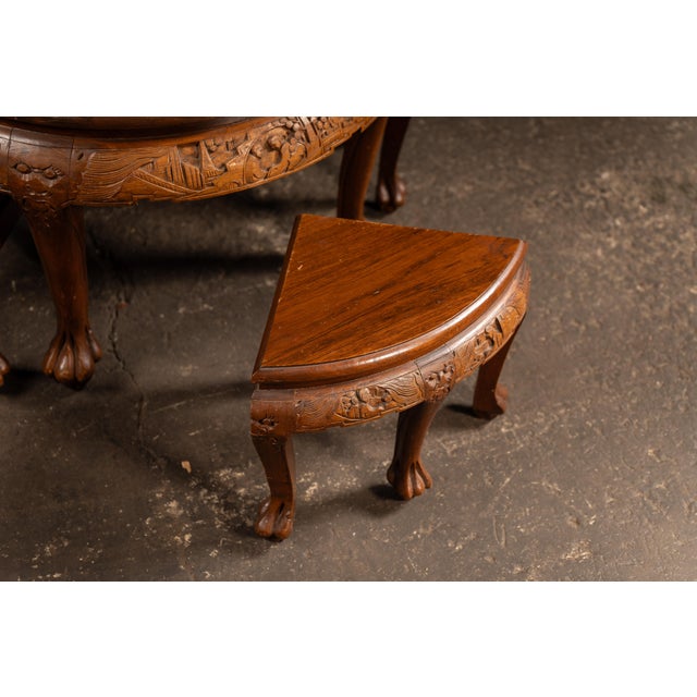 Antique Carved Chinese Nesting Tea Table With Four Stools For Sale - Image 4 of 9