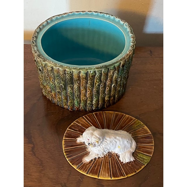 19th Century Antique 19th Century George Jones English Majolica Bamboo Faux Bois Oval Desk Box With White Dog Finial For Sale - Image 5 of 13