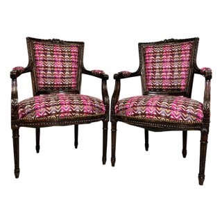 French Mahogany Square Back Chair Pair Pink Velvet Magenta Purple Petit Point For Sale