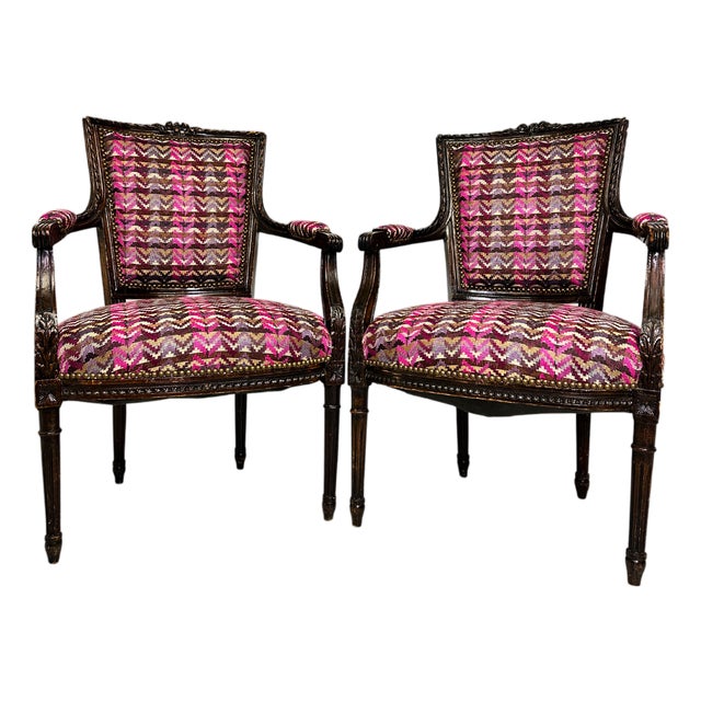 French Mahogany Square Back Chair Pair Pink Velvet Magenta Purple Petit Point For Sale