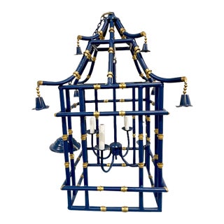 Large Chinoiserie Pagoda Lantern, Navy Blue and Gold Gilt For Sale