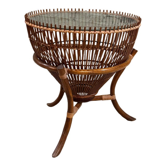 Style of Franco Albini Rattan Fishing Basket Side/End Table, 1960 For Sale
