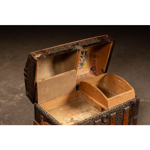 Wood Antique Embossed Metal Dome Top Steamer Trunk For Sale - Image 7 of 11