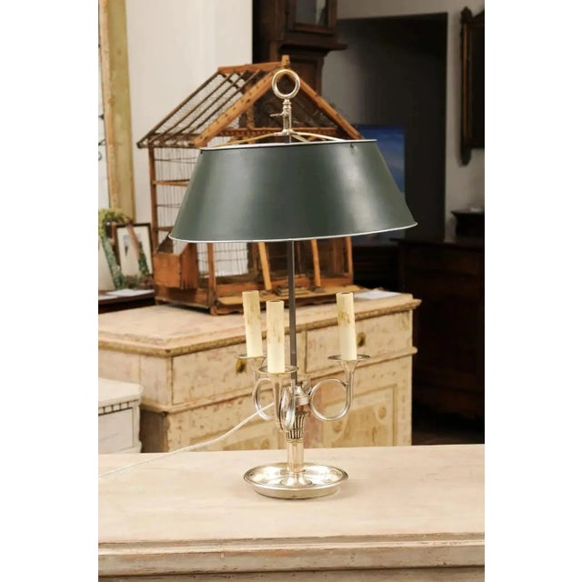 French, 1900s, Silvered Bronze Bouillotte Table Lamp with Horns and Green Shade For Sale - Image 10 of 13