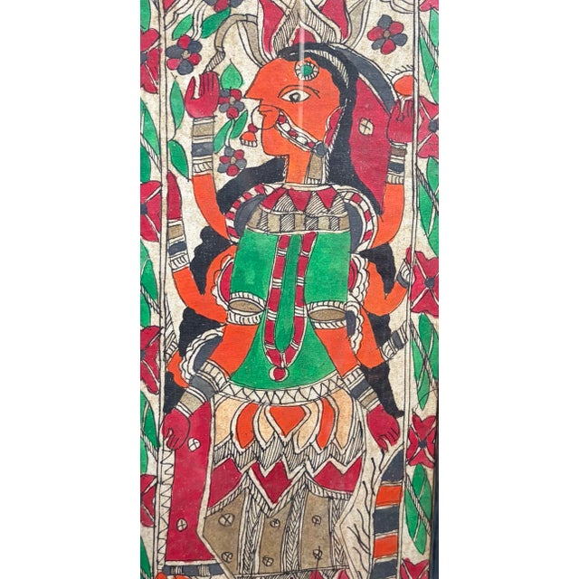 Vintage Framed Madhubani Folk Art Painting Hindu Goddess Durga Indian Art For Sale - Image 4 of 12