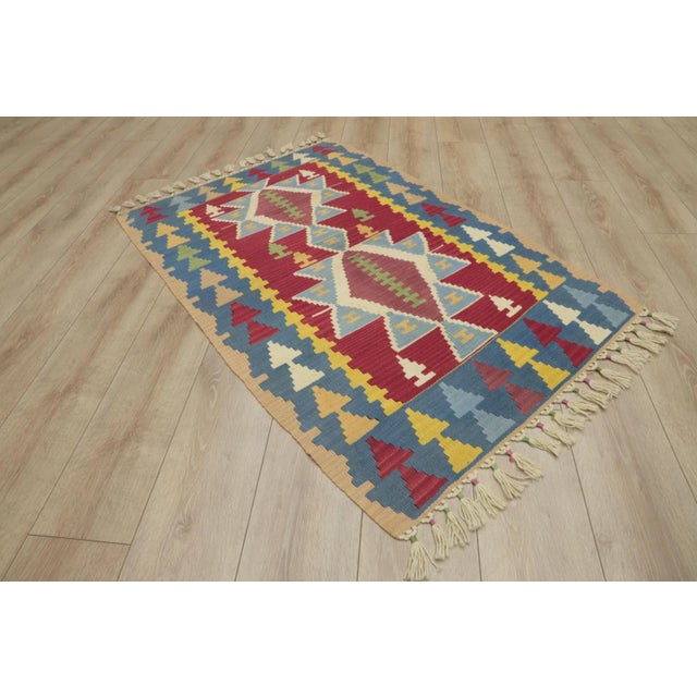 1980s Traditional Blue Red Geometric Kilim For Sale - Image 4 of 12