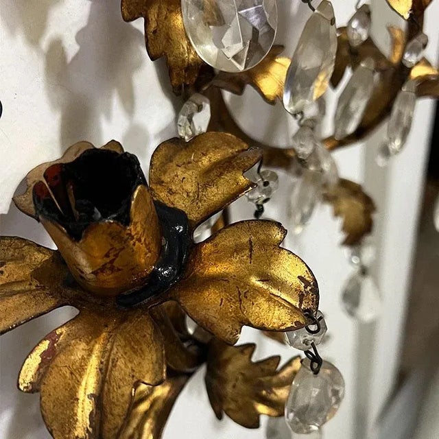 1970s Crystal and Tole Metal Gold 2 Arm Candlestick Wall Sconce - Italy For Sale - Image 4 of 7