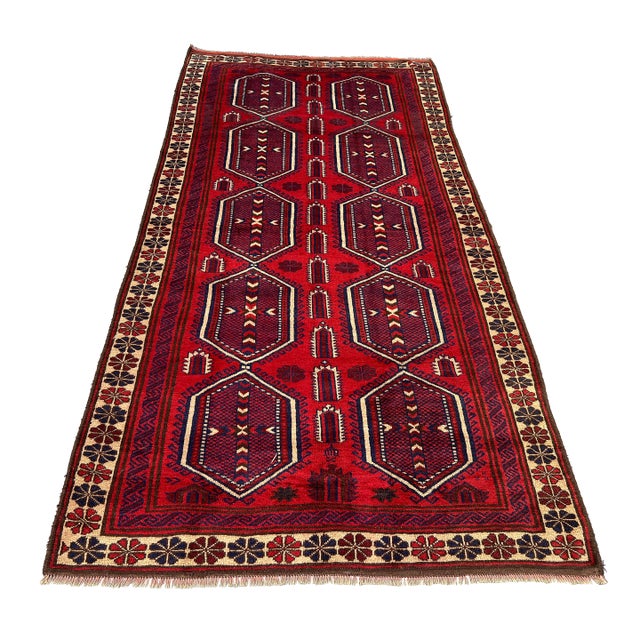 Afghan Hand-Knotted Wool Runner Rug – Traditional Octagonal Design, Red Geometric Pattern For Sale