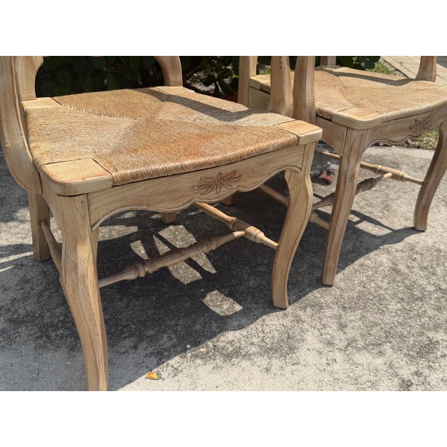 Late 20th Century Vintage Louis XV-Style Carved Accent Chairs With Rush Seats, Pair For Sale - Image 5 of 12