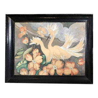 Restored Mid-Century Hawaiian Airbrush Crane/Egret Painting, Framed For Sale
