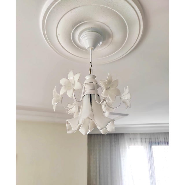 Vintage Murano Glass Chandelier, 1980s White Floral Lamp, Small Italian Ceiling Light For Sale - Image 11 of 14