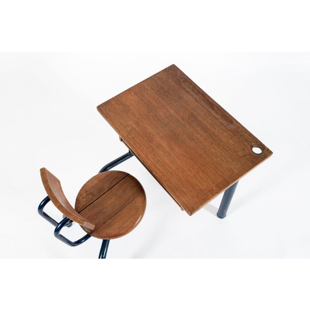 Vintage Antique Wood & Metal Child’s School Desk and Chair in the Style of Jean Prouvé For Sale - Image 11 of 14