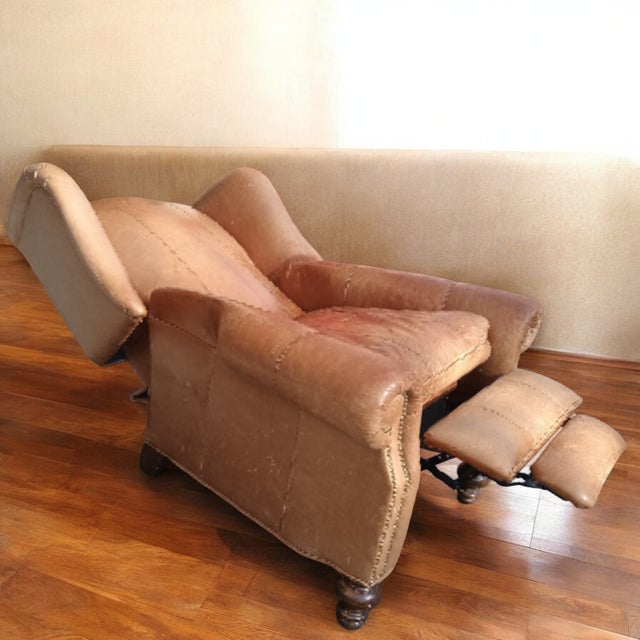 Camel MotionCraft Distressed Leather Recliner. For Sale - Image 8 of 11
