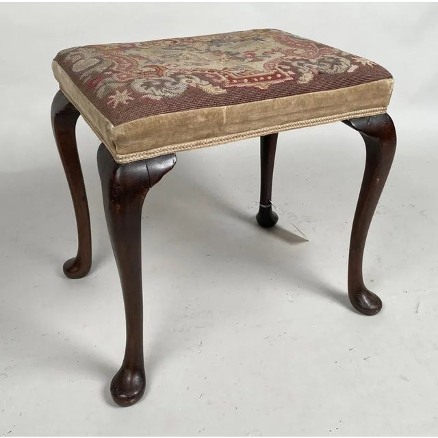 Antique 19th century Georgian mahogany stool with needlework petit point cover of birds. Graceful thin lines with pad...