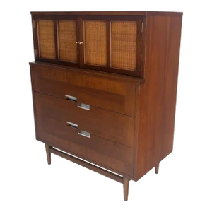 Cane Double Door Compartment 5 Drawer High Gentleman Chest Dresser Walnut