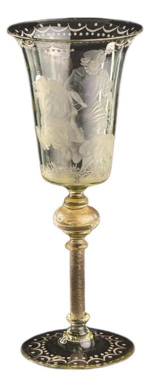 Antique Bohemian Hand-Blown Engraved Goblet with Hunter and Horse, 1830s