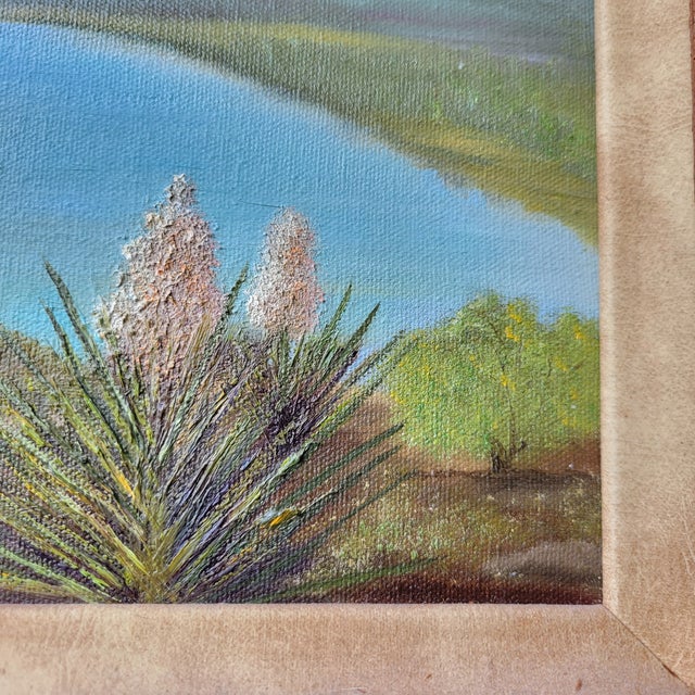 Vintage Original Acrylic Framed Still Life Painting Landscape Serene Yucca Trees River For Sale - Image 17 of 18