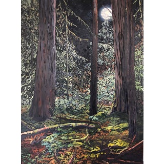 The Forest Never Sleeps by Deb Komitor | Oil on cradled board Night scene in a dense forest with moonlight. For Sale