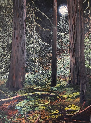 The Forest Never Sleeps by Deb Komitor | Oil on cradled board Night scene in a dense forest with moonlight.