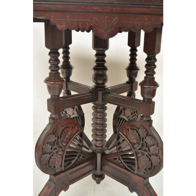 Victorian Antique Eastlake Victorian Floral Carved Walnut Marble Top Parlor Side Table For Sale - Image 3 of 9
