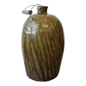 Antique Southern Olive Green Glazed Pottery Jug With Make-Do Handle, Circa Late 19th Century