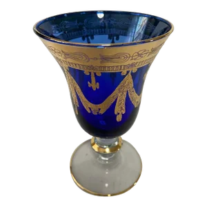 Vintage Horchow 24 Kt Gold Cobalt Blue Crystal Wine Water Beverage Glass Goblets Hand Made in Italy