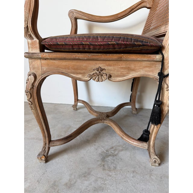 Vintage Hollywood Regency Louis XV-Style Carved Wood & Cane Armchairs – A Pair For Sale - Image 11 of 13
