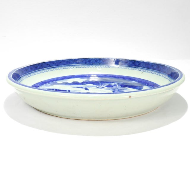 Large Round Antique Blue & White Canton Pattern Chinese Export Porcelain Serving Bowl or Tray For Sale - Image 9 of 16