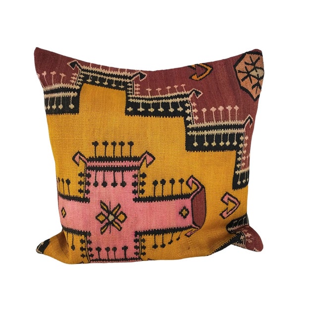 Textile Custom Made Old Turkish Tribal Kilim Pillow Cover 24" by 24" For Sale - Image 7 of 7