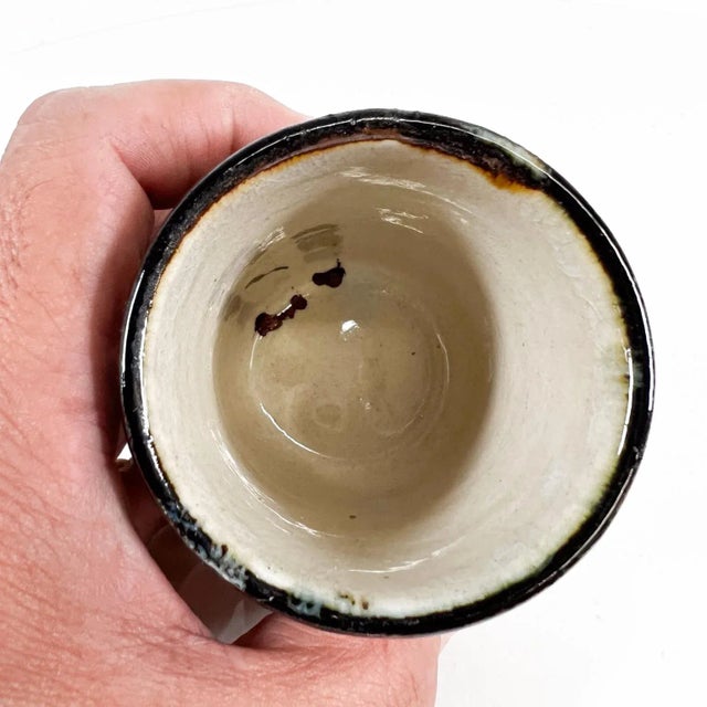 Blue 1960s Asian Art Pottery Oriental Flower Cup For Sale - Image 8 of 10