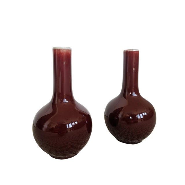 Vintage Asian Import Oxblood Red Porcelain Vases- A Pair For Sale - Image 9 of 10