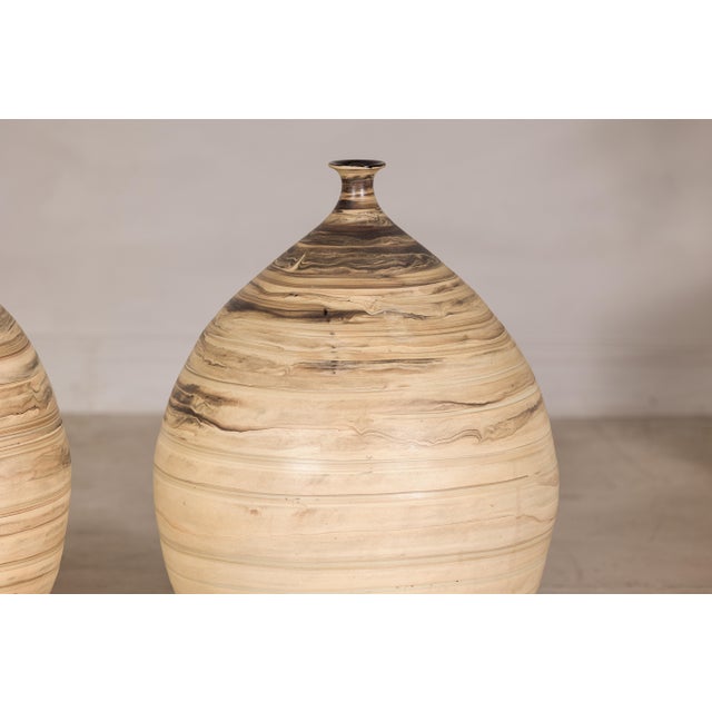 Late 20th Century Large Artisan Ceramic Floor Vases with Cream and Brown Swirled Glaze (Sold Each) For Sale In New York - Image 6 of 18
