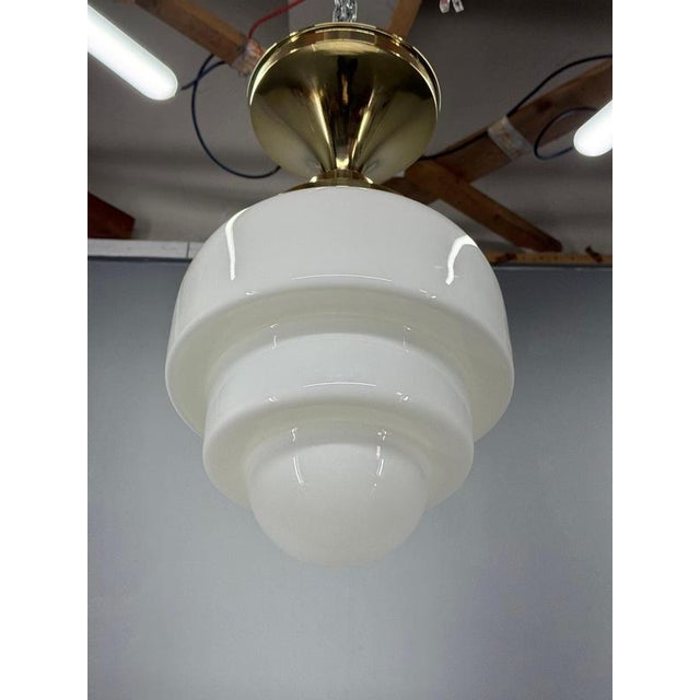 1930s Vintage Art Deco Brass and Opaline Glass Flush Mount, 1930s For Sale - Image 5 of 10