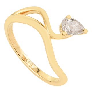Modern Sculptural Pear Cut Diamond Solitaire Wave Ring Size 6 in 14k Yellow Gold For Sale