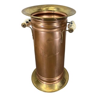 Vintage Brass Copper Umbrella Stand with Porcelain Handles For Sale