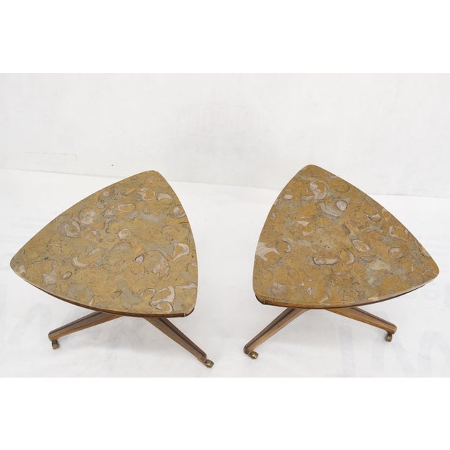 Mid 20th Century Pair Triangular Shape Marble Tops End Side Stands Lamp Tables Tomlinson Mint! For Sale - Image 5 of 15
