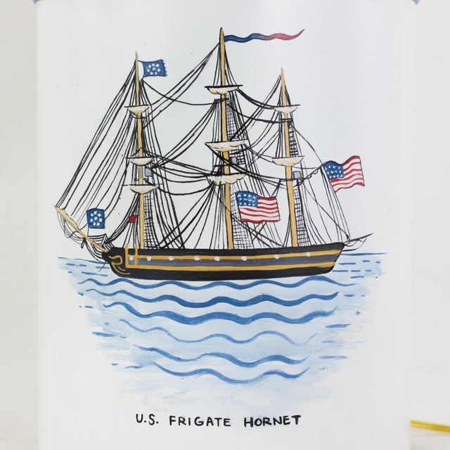 Pair of Vintage Hand-Painted u.s. Frigate Hornet Patriotic Tole Table Lamps For Sale - Image 10 of 12