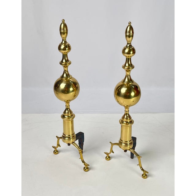 Metal Vintage Tall Polished Brass & Cast Iron Ball Top Andirons - Pair For Sale - Image 7 of 14