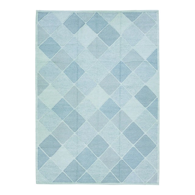 Modern Handmade Swedish Style Wool Rug With Turquoise Geometric Design For Sale