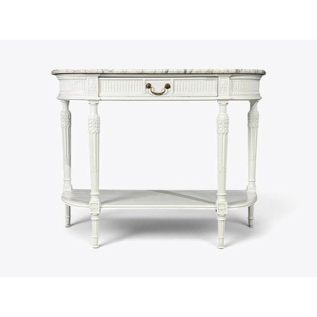 Louis XVI Style, White Demilune Console Table, Wood, Marble, France, 1960s For Sale - Image 4 of 15